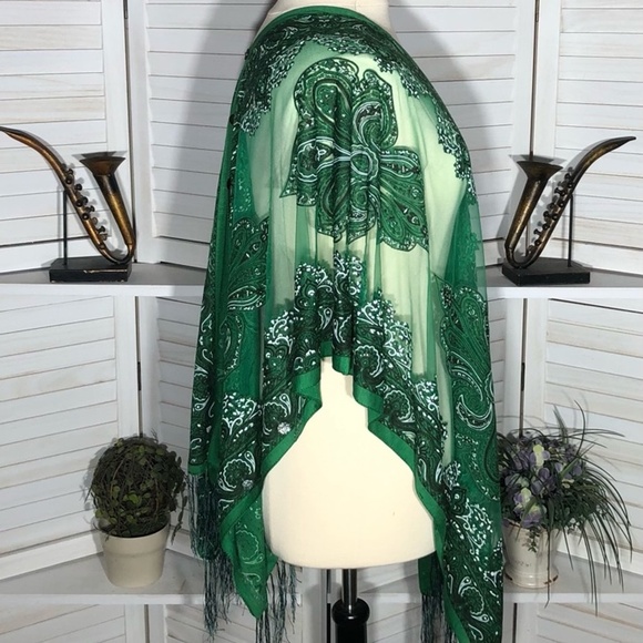 Vintage Y2K Sheer Lace Poncho Bohemian Floral Fringe Green - Picture 3 of 11